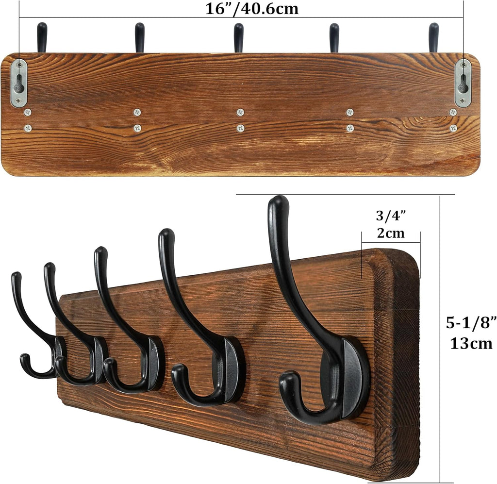WEBI Coat Rack Wall Mount,Coat Hooks Wall Mounted,16" Hole to Hole,Coat Hanger Wall,Hook Rack Rail,5 Hooks for Hanging Jacket,Clothes,Hats,Rustic Brown
