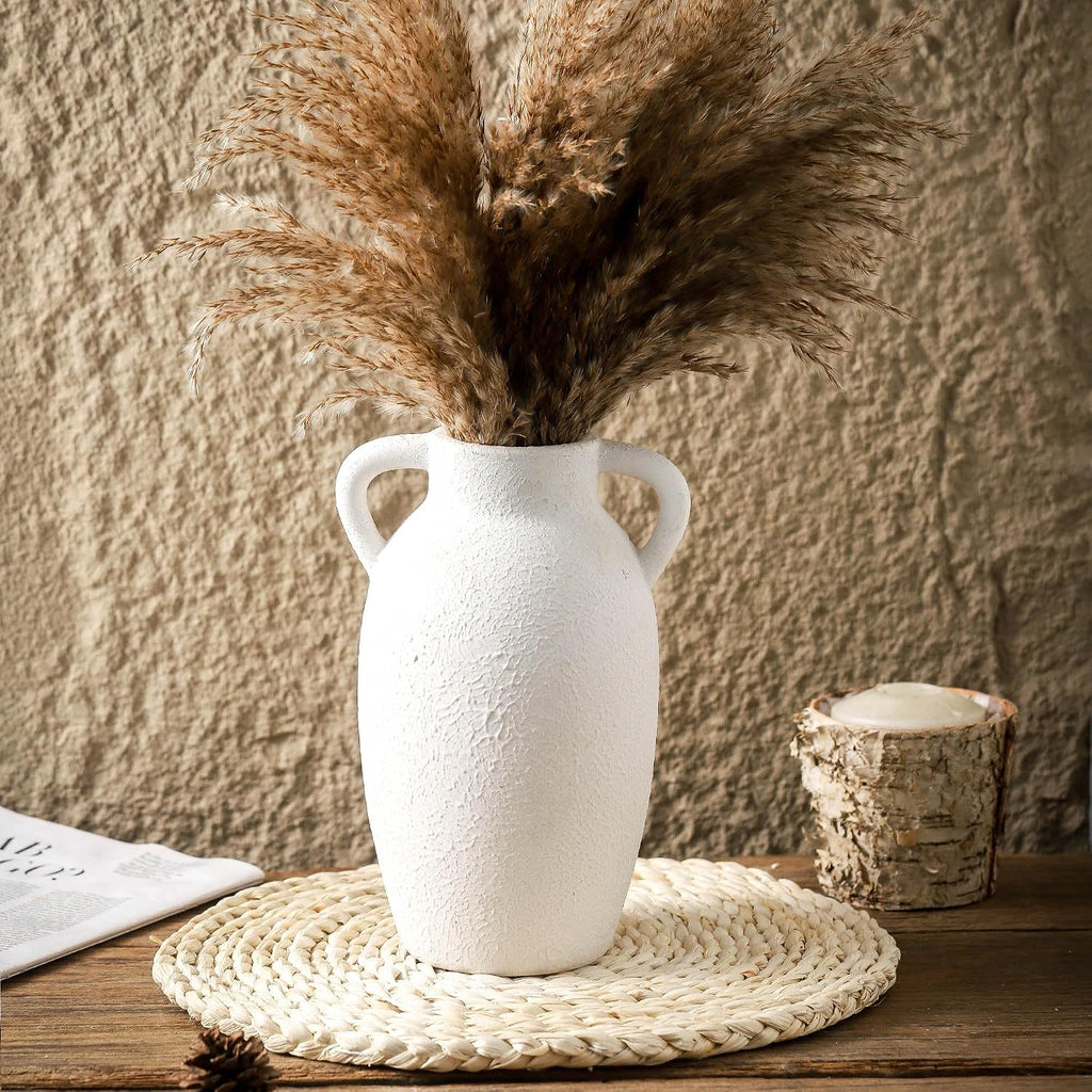 Ceramic Farmhouse Vase with 2 Handles, Boho Decorative Flower Vase for Home Decor, Living Room, Entryway, Table, Shelf Decor, 9.6 Inch