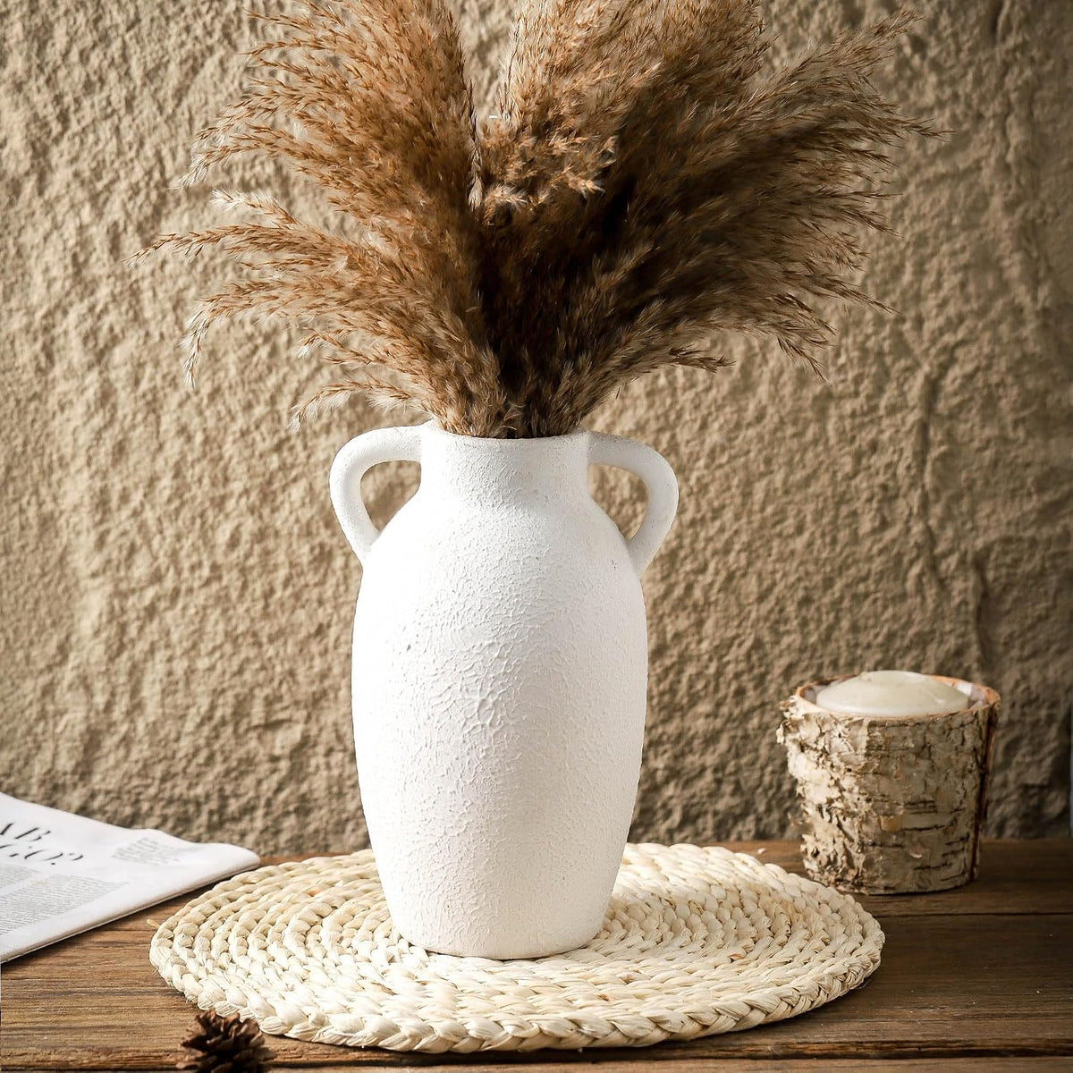 Ceramic Farmhouse Vase with 2 Handles, Boho Decorative Flower Vase for Home Decor, Living Room, Entryway, Table, Shelf Decor, 9.6 Inch