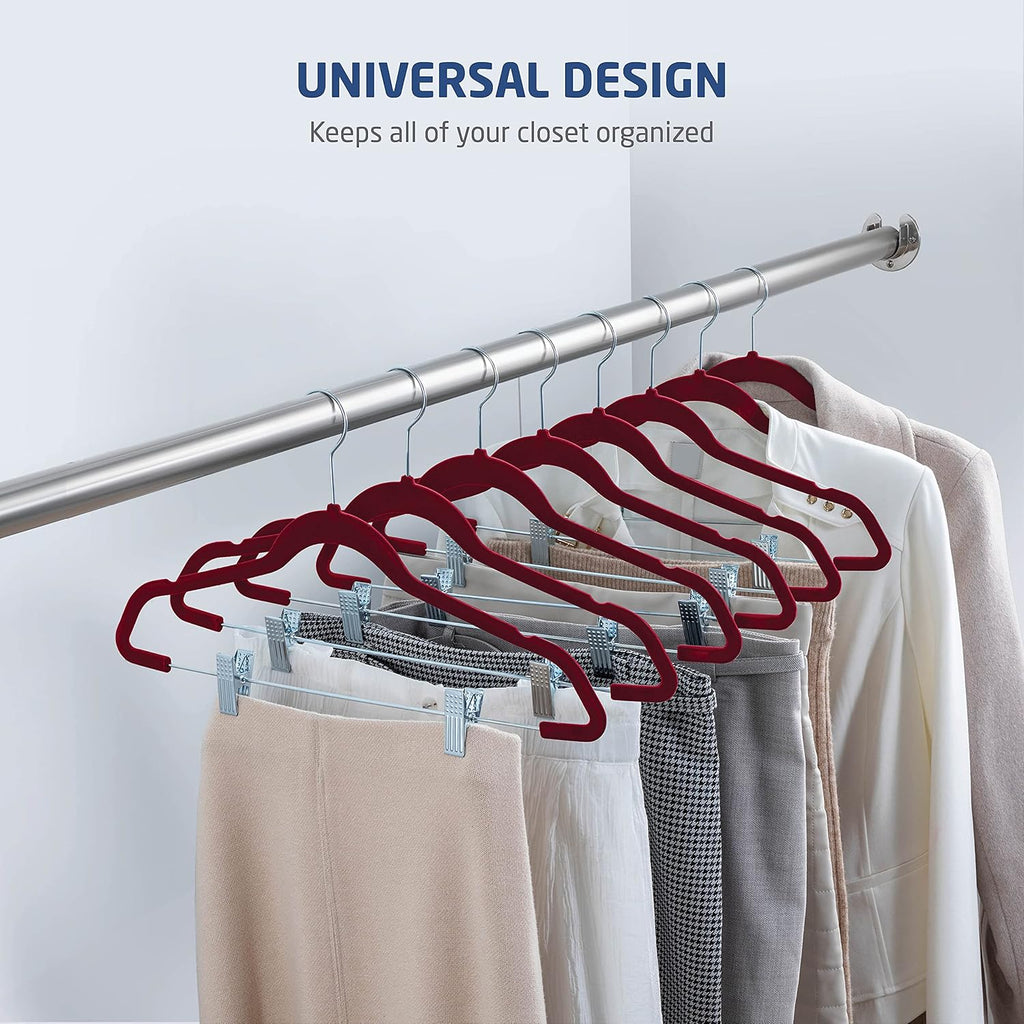 Zober Velvet Hangers with Clips - 20 Piece Set for Pants, Skirts, Suits, Dresses & Shirts - Notched Burgundy Velvet, Non Slip Felt, 360 Degree Hook