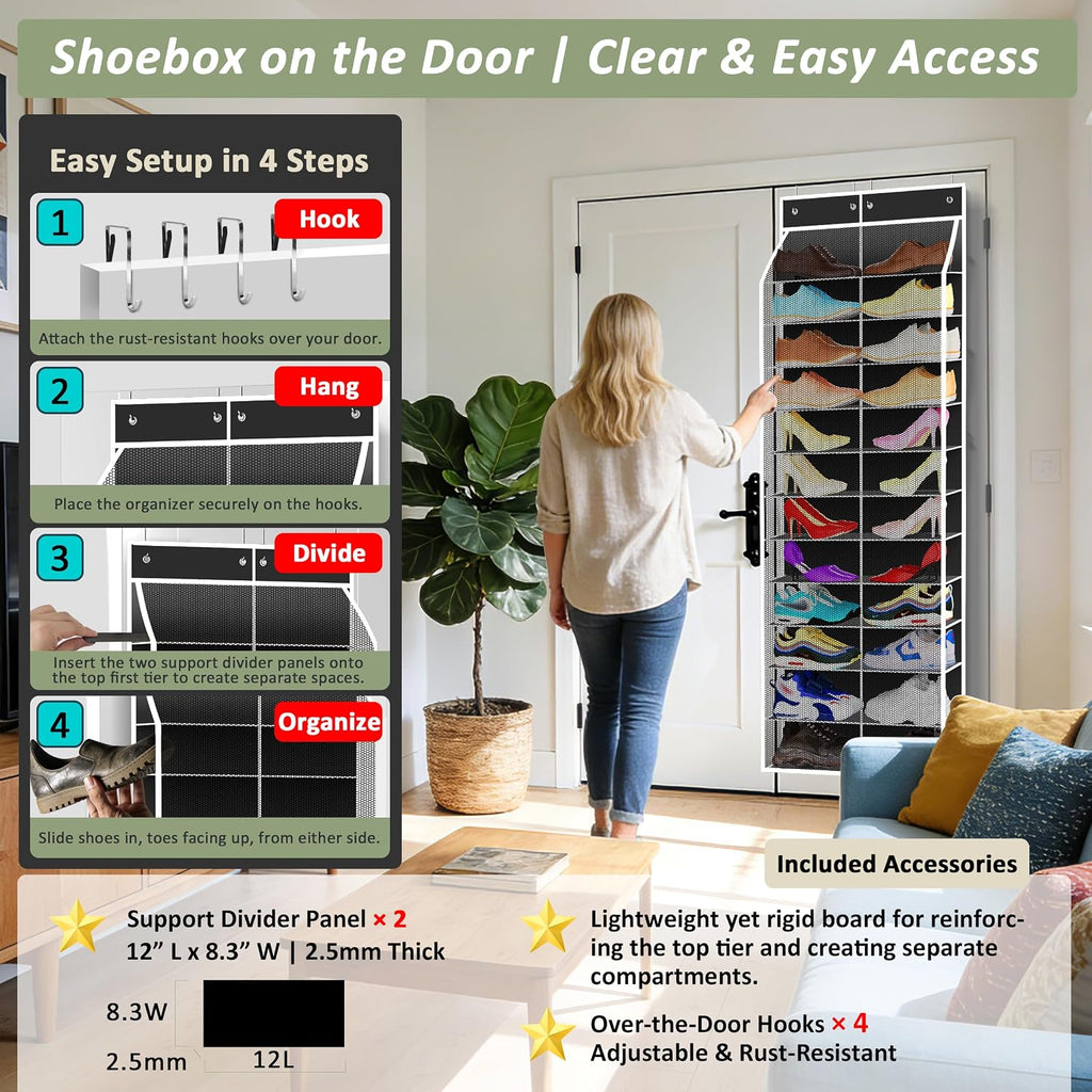 Kotkn 24-Pair Over Door Shoe Organizer for Family & Kids, Double Sided | Hanging Storage for Sneakers, Boots, Toys & Room Organization-Obsidian Black
