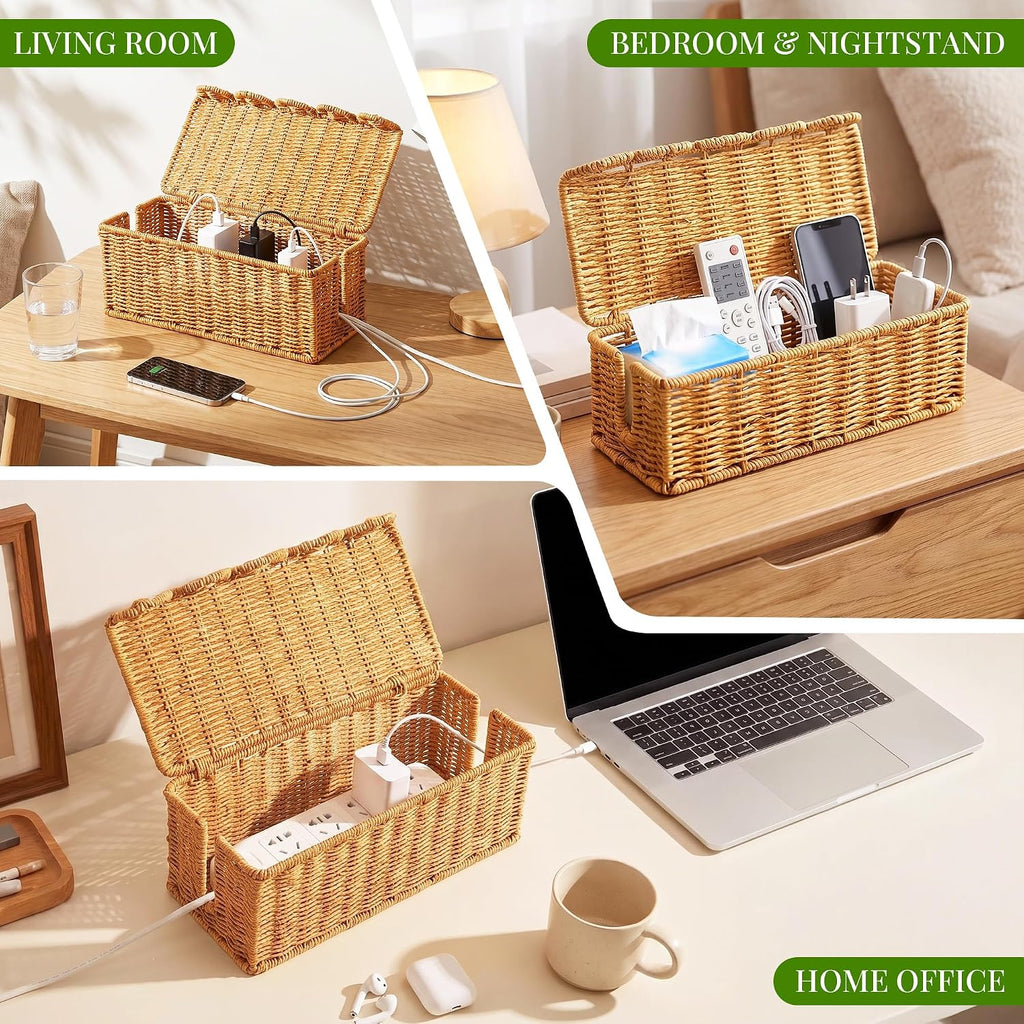 2 PCS Handmade Rattan Cable Management Box,Decorative Cord Hider