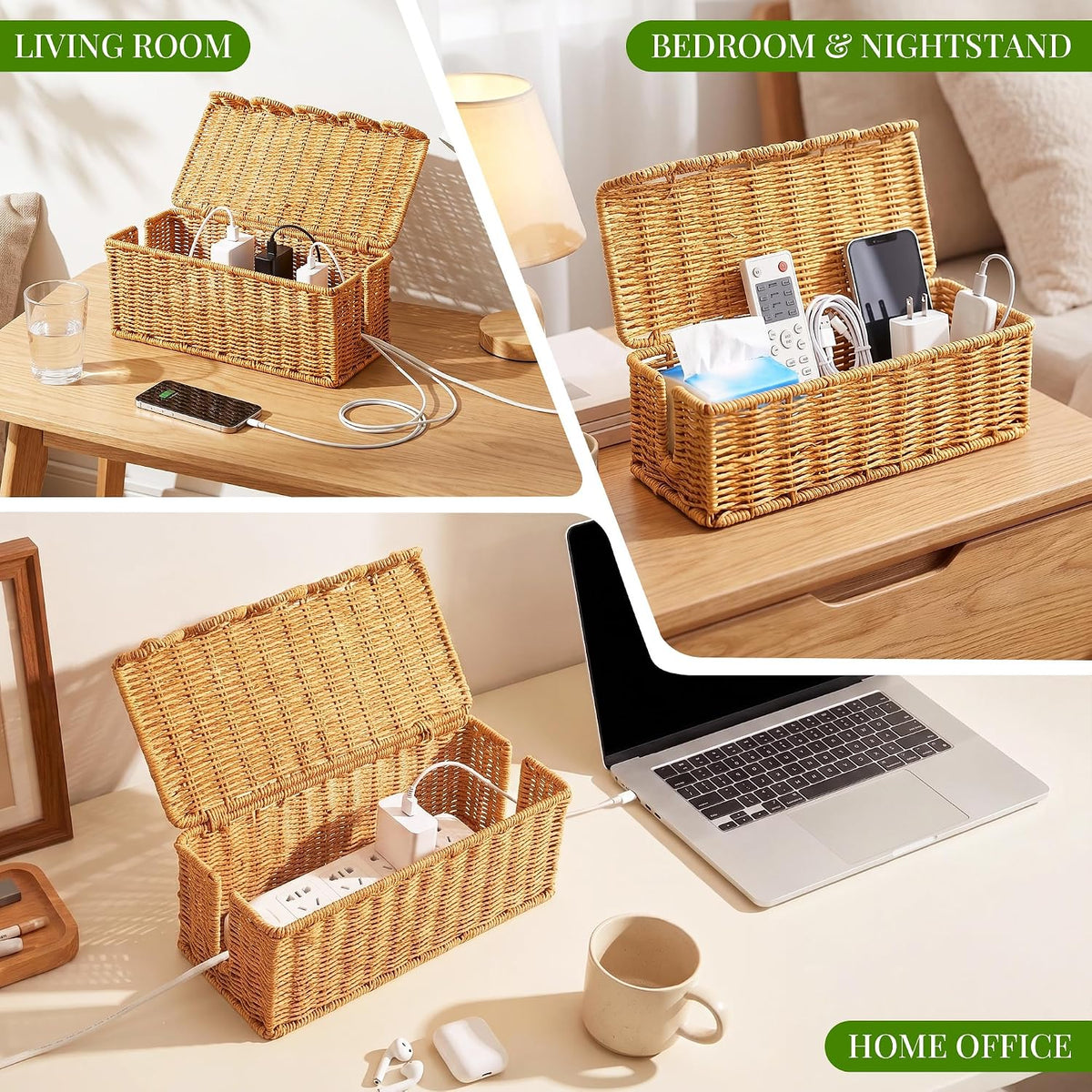 2 PCS Handmade Rattan Cable Management Box,Decorative Cord Hider