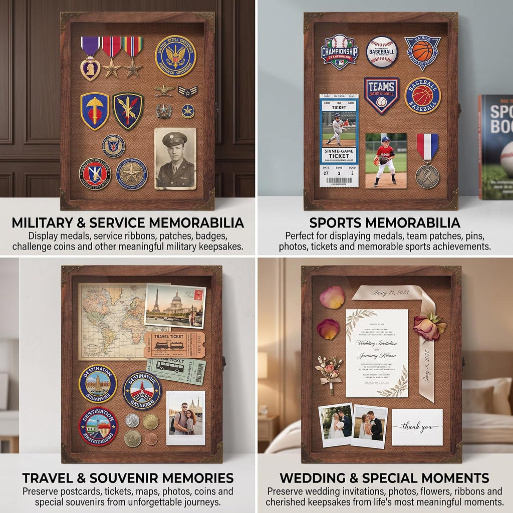 Shadow Box Frame 11x14 with Glass Door, Solid Wood Display Case, Rustic Memory Box with Vintage Lock for Wedding Bouquet, Medals, Photos, Military Memorabilia & Keepsakes