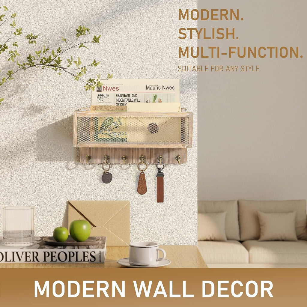 Rebee Vision Key Holder Wall Mount with Mail Basket for Home, Natural Wood