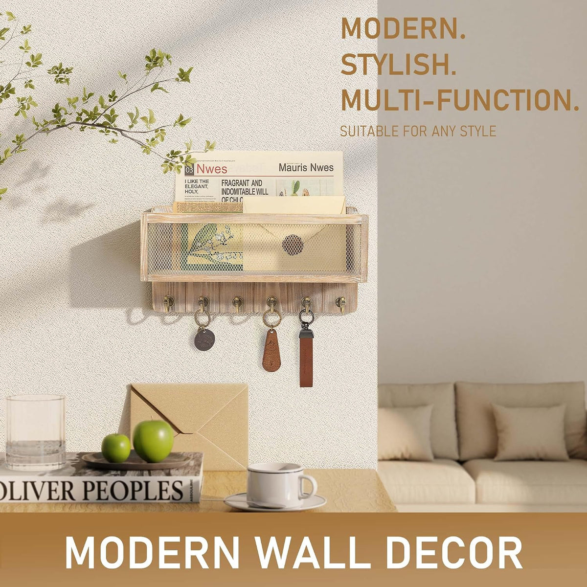 Rebee Vision Key Holder Wall Mount with Mail Basket for Home, Natural Wood
