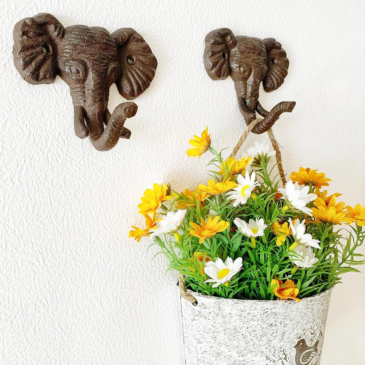 Rustic Elephant-Shaped Decorative Wall Hook Rack Hangers for Hanging Clothes, Coats, Towels, Keys, and Hats, 2-Pack Antique Cast Iron Mounted Wall Hooks