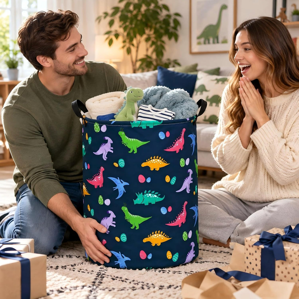 Dinosaur Laundry Basket, Round Foldable Clothes Hamper with Handles, Cotton Linen Blend Storage Bin with Dino Egg Print for Bedroom, Nursery, Playroom, College Dorm