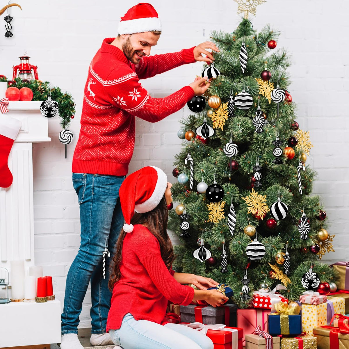 48pcs Candy Christmas Ornaments Set, Hanging Black Christmas Tree Decor