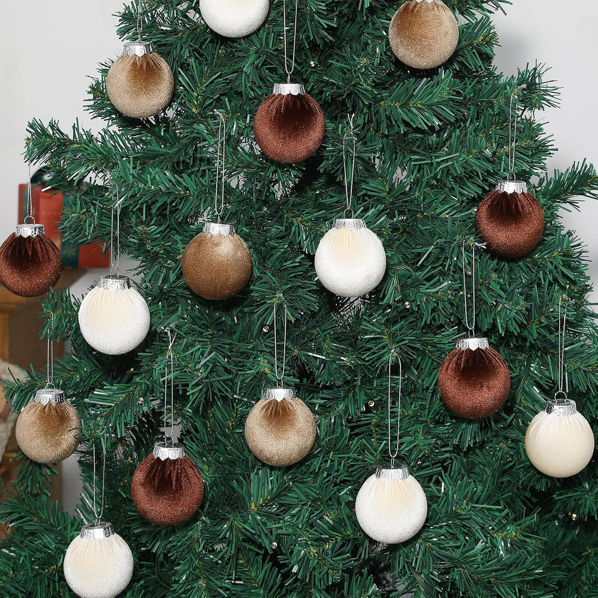 Velvet Christmas Balls Set 30pcs Velvet Christmas Tree Ornaments Shatterproof Xmas Hanging Balls Decorative Hanging for Xmas Holiday Family Home Store Indoor Decor,2.4inch,Neutral,Champagne,Brown