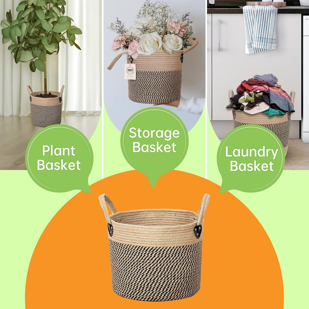 ZOES HOMEWARE Plant Basket for Indoor Plants with Handles,Jute Rope 12"x12"