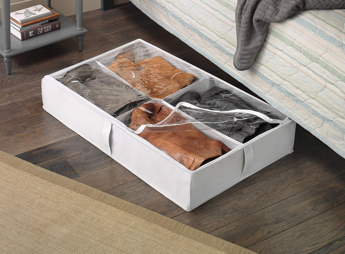 Whitmor Underbed Boot Storage Bag, 4 Sections, Clear Top, 23" x 37", White