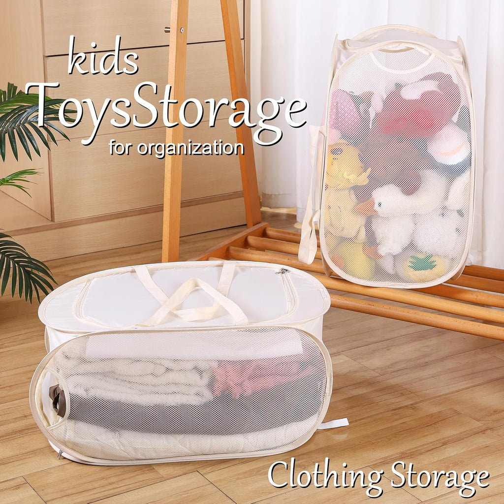 4Pcs Beige Canvas Laundry Hamper, Foldable Pop-up Mesh Basket, Large Capacity, Opening Design, Side Storage Bag, Versatile Use-Home, Camping, Dorm, Hotel, Travel