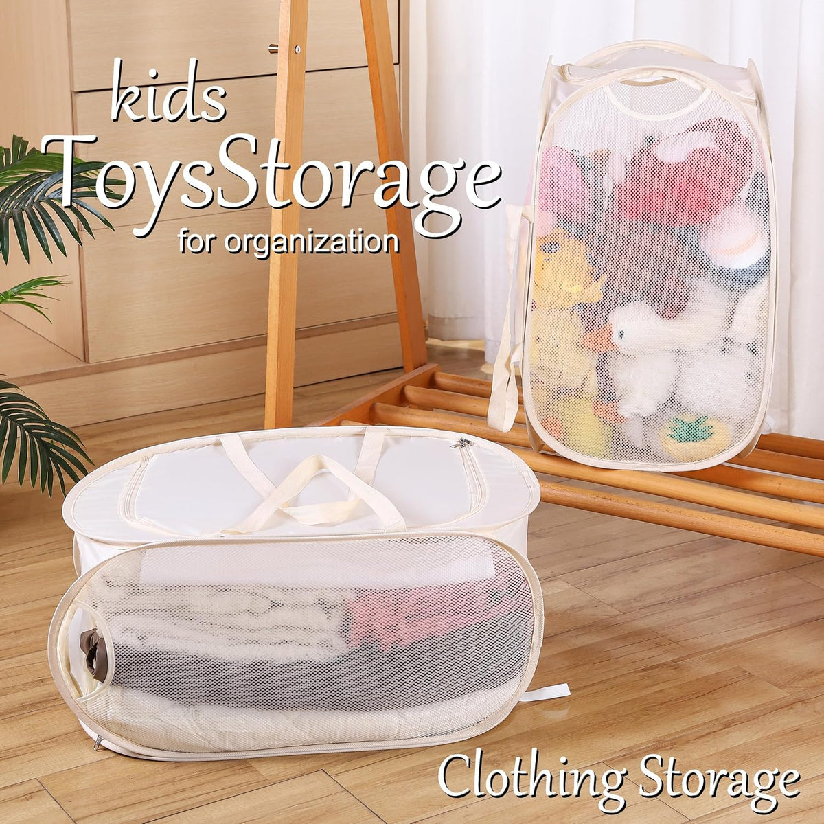 4Pcs Beige Canvas Laundry Hamper, Foldable Pop-up Mesh Basket, Large Capacity, Opening Design, Side Storage Bag, Versatile Use-Home, Camping, Dorm, Hotel, Travel