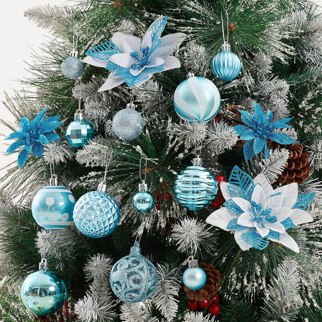 100PCS Christmas Ball Ornaments, Assorted Shatterproof Christmas Tree Decorations, Seasonal Decorative Hanging Baubles Decor Set for Xmas/Holiday/Party, Glitter&Painting Ornament Set (Light Blue)