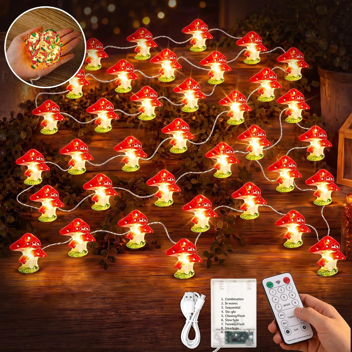 Mudder 2 Pack Mushroom String Lights Cottagecore Decor, 10FT 40LEDs with 8 Modes & Timer, USB & Battery Operated Fairy Lights, Mushroom Decor for Bedroom Dorm, Teens Gift, Christmas Party Decoration