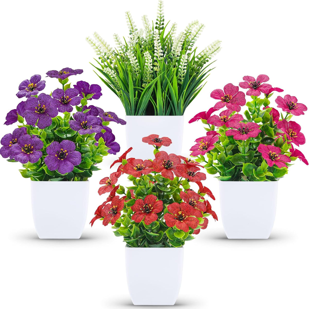 Der Rose 4 Pack Small Artificial Flowers in White Pots, Spring Home Decor