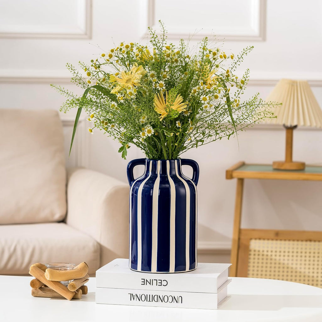 SURE YUESI Blue Ceramic Vase with Handles, Modern Farmhouse Striped Decorative Vase, 9.1" Art Deco Tall Flower Vases for Pampas Grass, Shelf Decor, Dining Table Centerpiece, Living Room Home Decor