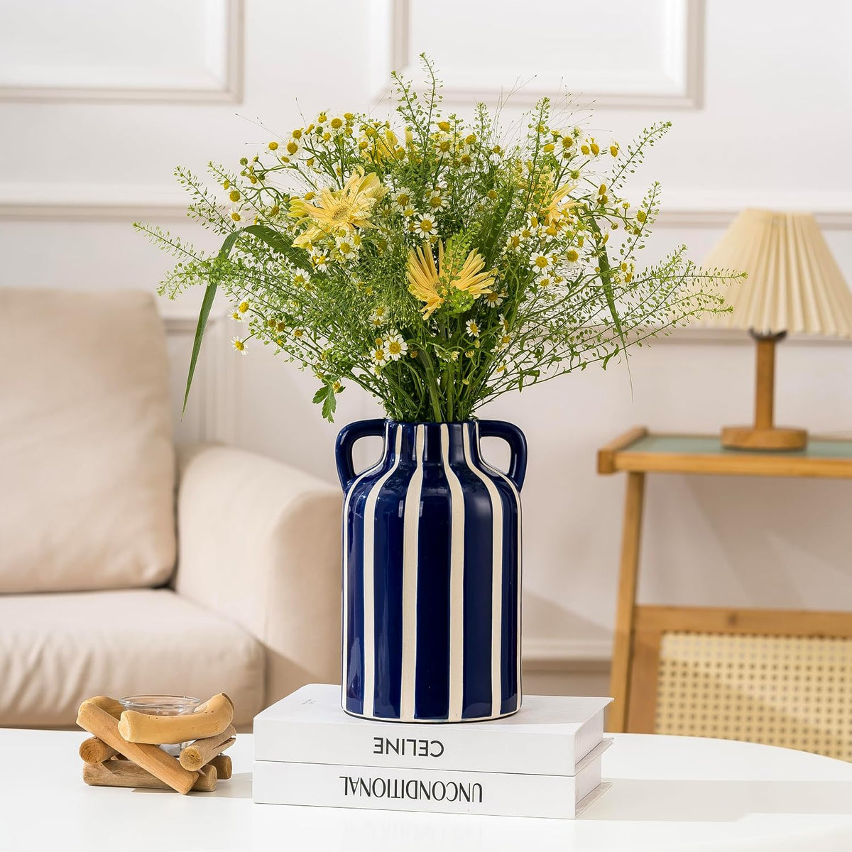SURE YUESI Blue Ceramic Vase with Handles, Modern Farmhouse Striped Decorative Vase, 9.1" Art Deco Tall Flower Vases for Pampas Grass, Shelf Decor, Dining Table Centerpiece, Living Room Home Decor