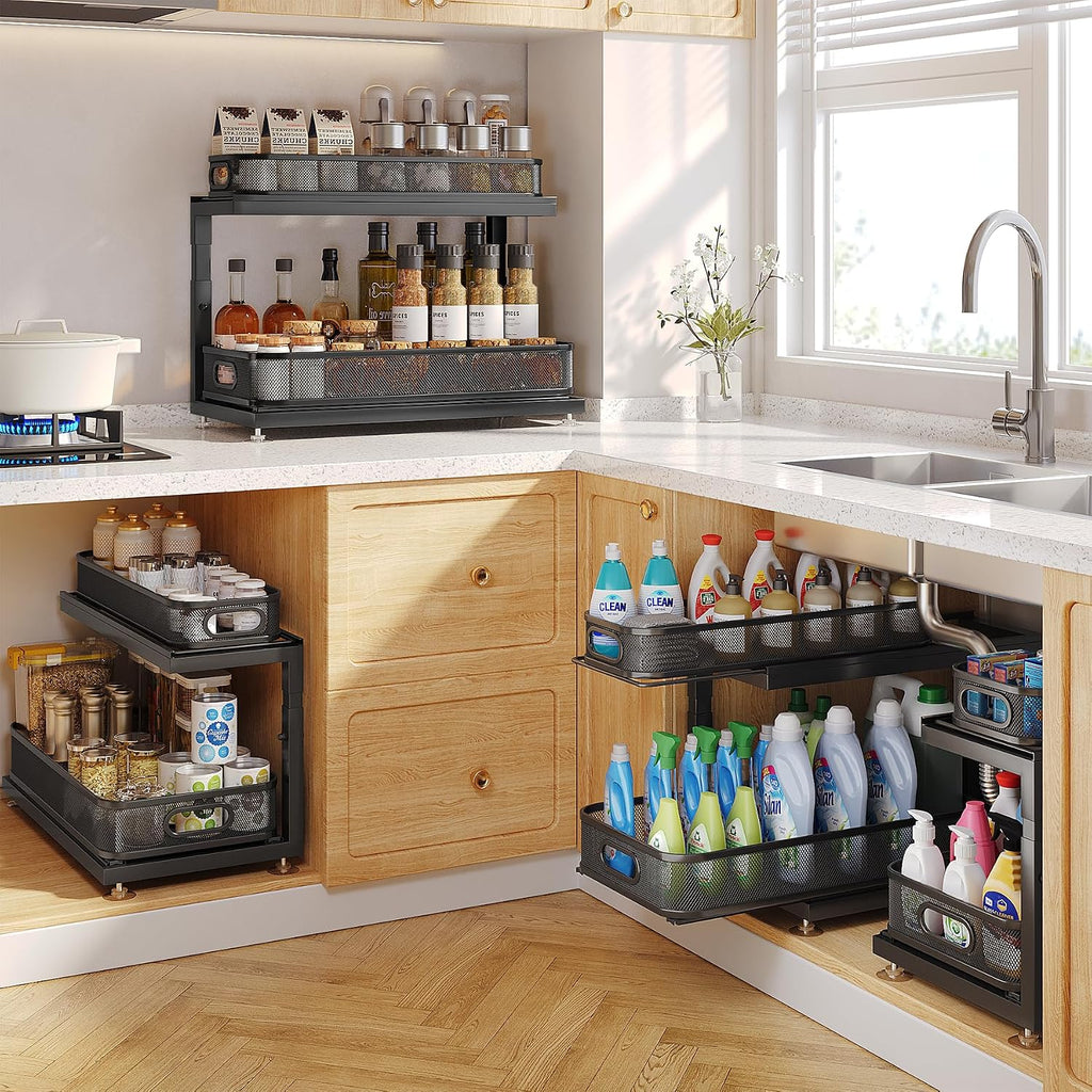 1 Pack-16"D Under Sink Storage Organizer with 2-Tier Slide Out Drawer, Sophisticated Mesh Pull Out Shelf for Kitchen & Bathroom, Fits Small Items, Upgraded Arched Track for Smooth Gliding-Black
