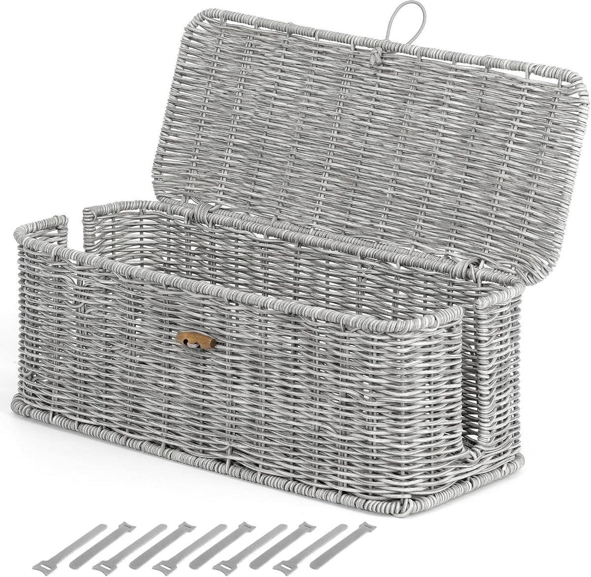 Cable Management Box, Cord Organizer with Lid & Cable Ties - Gray, L