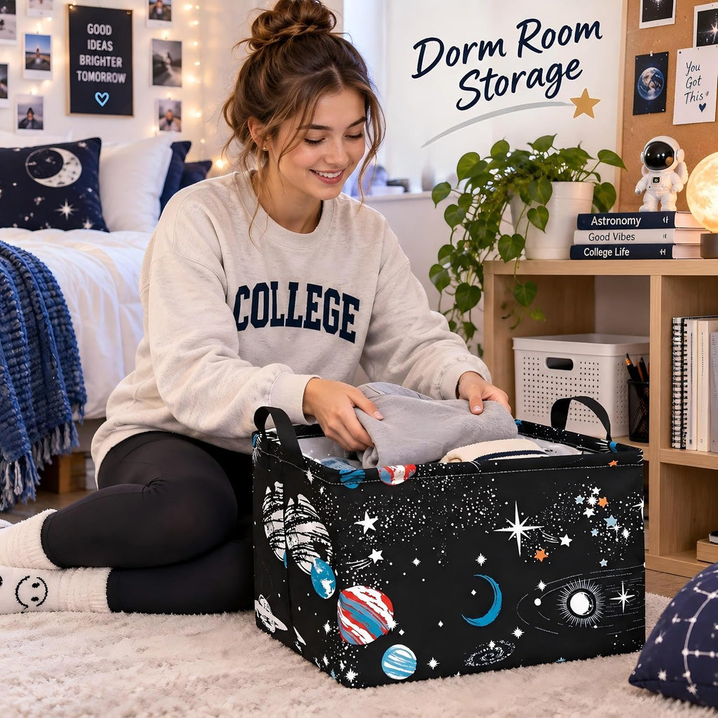 Space Storage Basket, Rectangular Cotton Linen Blend Organizer Bin with Handles, Foldable Black Galaxy Planet and Star Storage Box for Shelves, Closet, Bedroom and Dorm Room