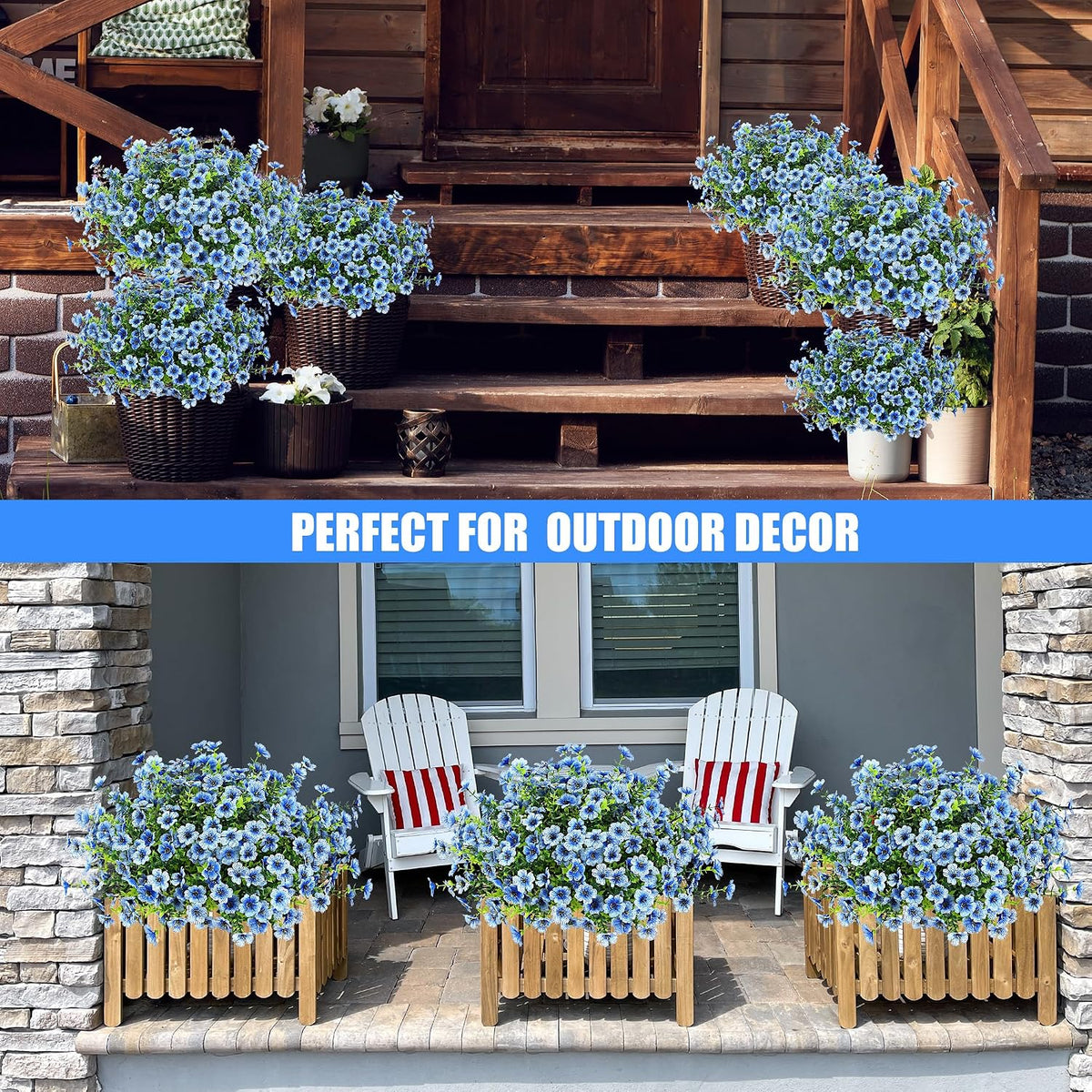 Sggvecsy Artificial Flowers for Outdoors 12 Bundles Realistic Faux Plants UV Resistant Fake Silk Daisy with Eucalyptus for Boxwood Planter Patio Porch Outside Spring Summer Decoration(Blue)