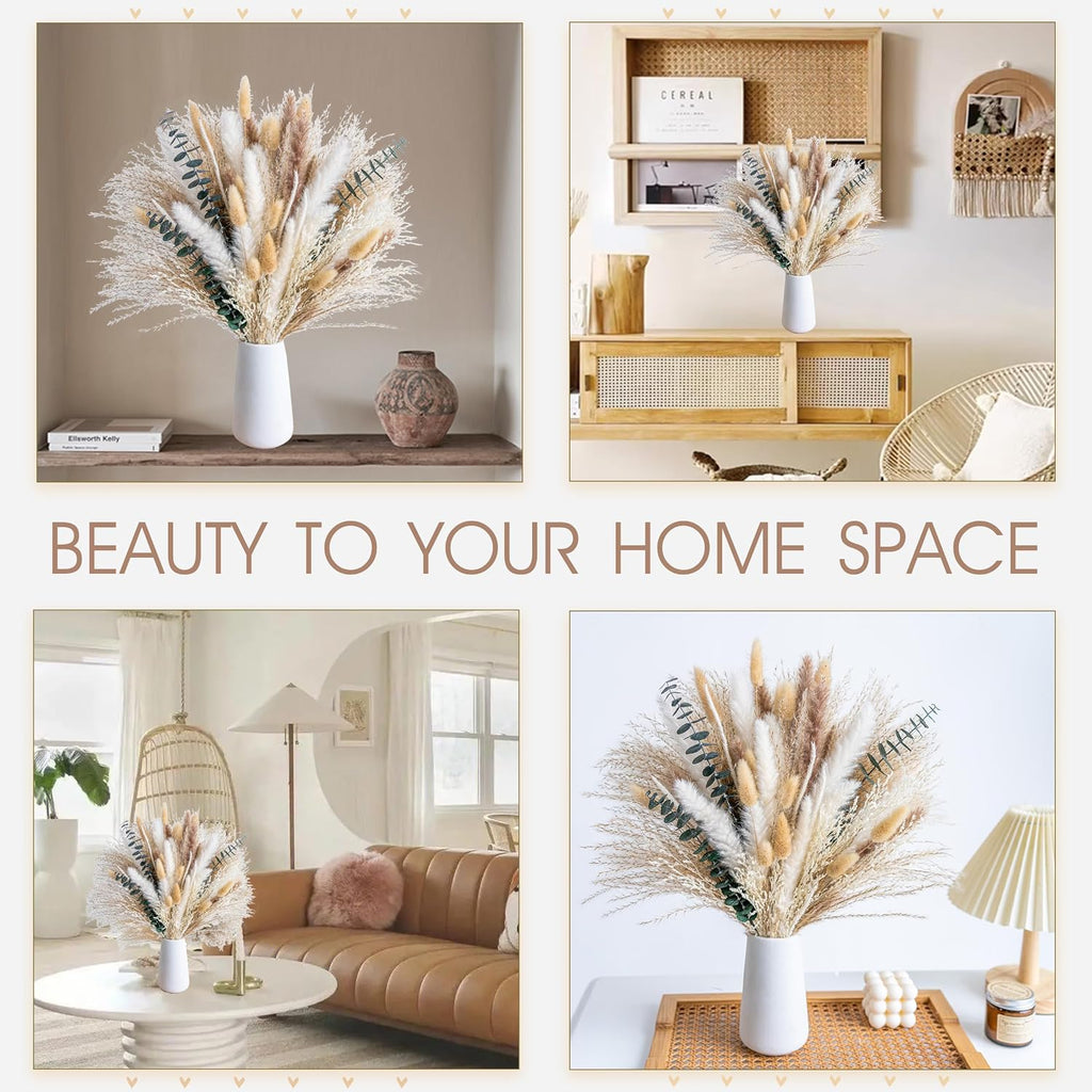 Boho Decor Bouquet Eucalyptus Pampas Grass Decor Dried Pampas Home Decor Dried Flowers Bouquet for Wedding Floral Arrangements Table,Home,Rustic,Farmhouse Decor(White&Green)