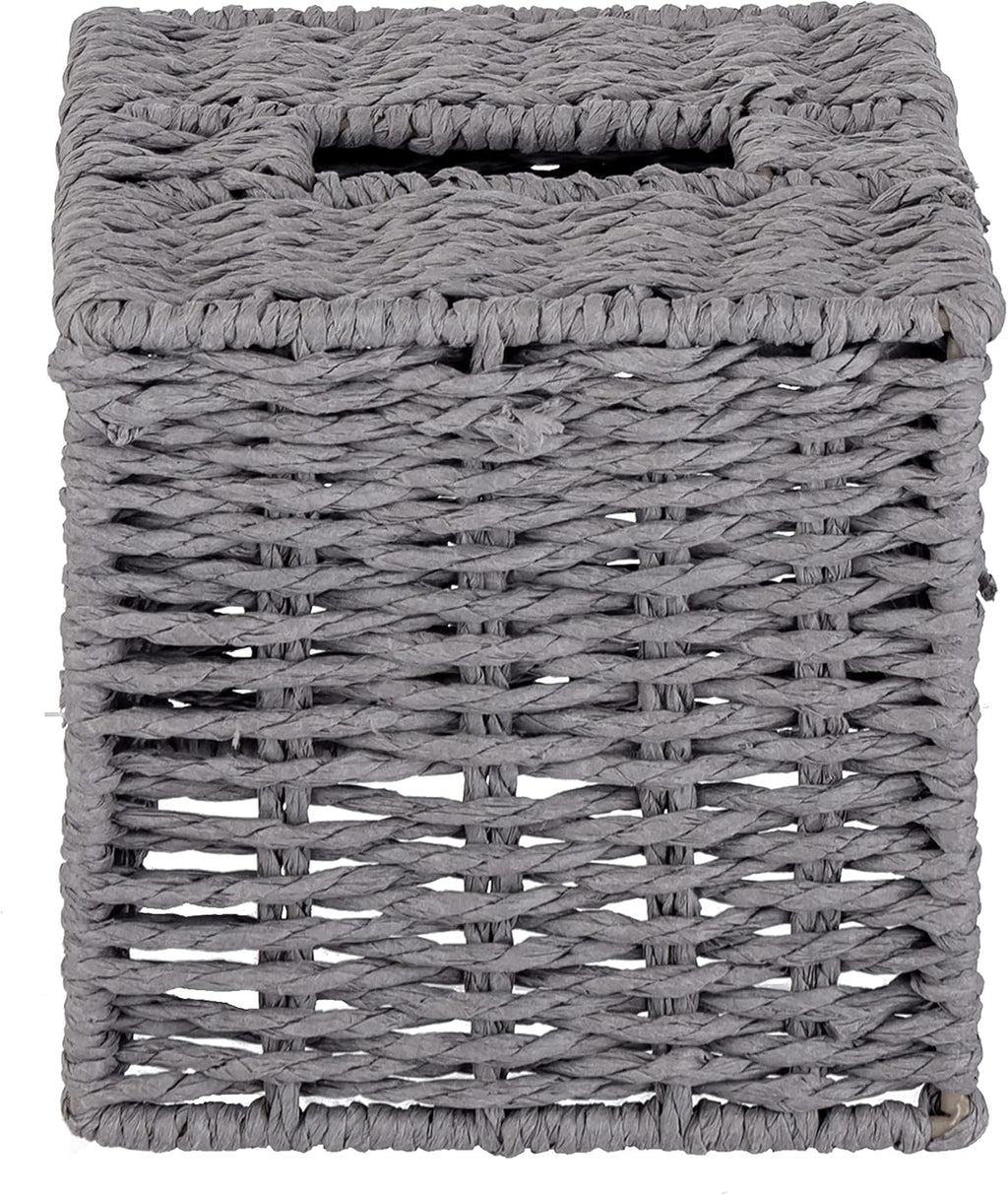 MyGift Gray Tissue Box Cover Square with Lid - Decorative Rattan Kleenex Holder, Woven Cube Tissue Holder for Bathroom Toilet Bedroom Living Room Kitchen Table Desk Office Car
