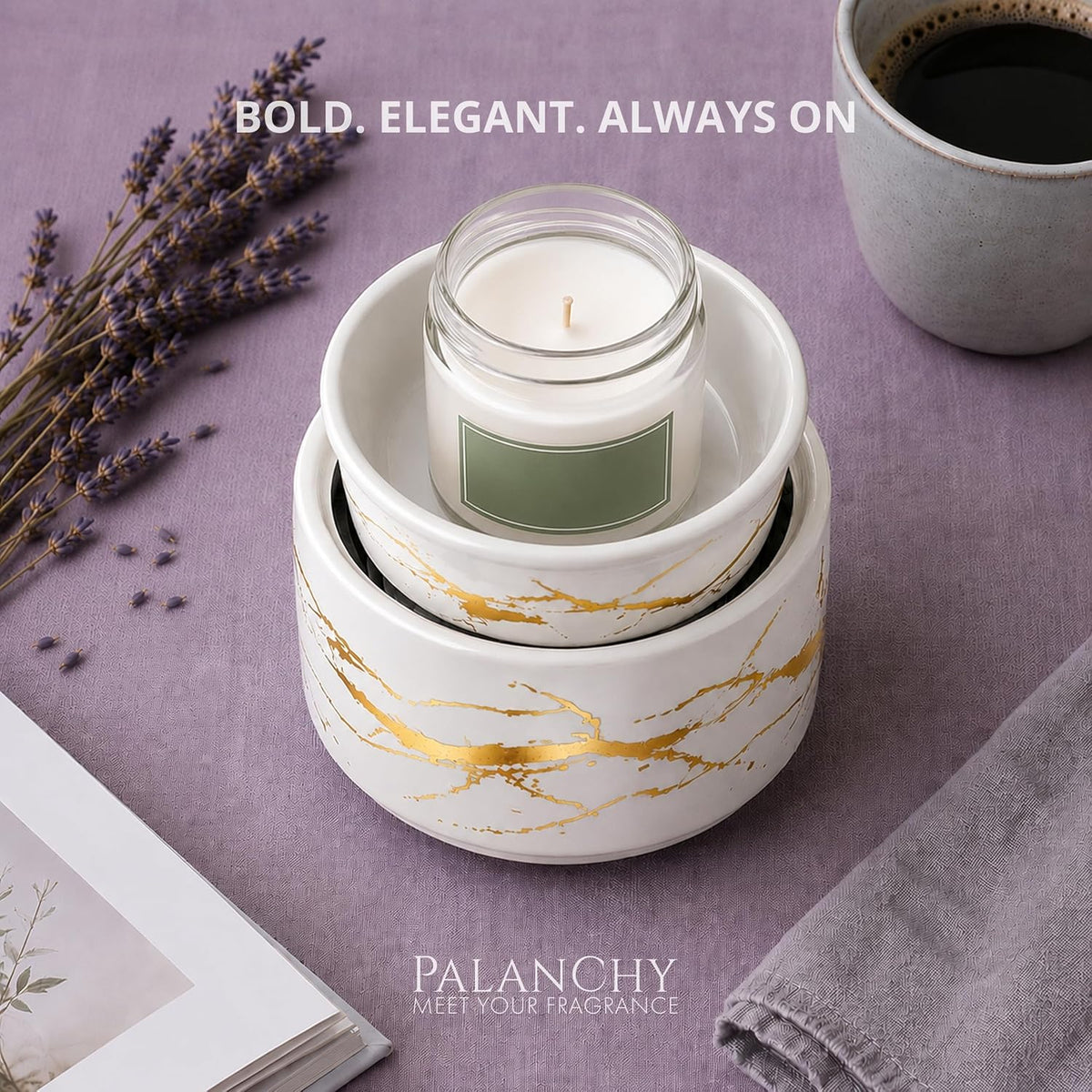 PALANCHY Wax Warmer Set of 2 Black & White Glazed Ceramic with Gold Accents