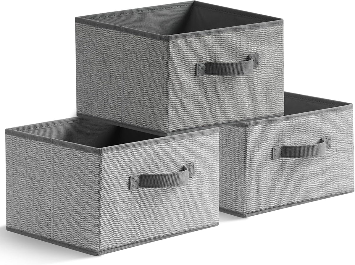 11 inch Storage Baskets, Woven Fabric Bins, Storage Cubes with Reinforced Handles, Organizer Bins for Closet Shelves, Foldable, for Clothes (Gray, 3PCS/11*11*7.8inch)