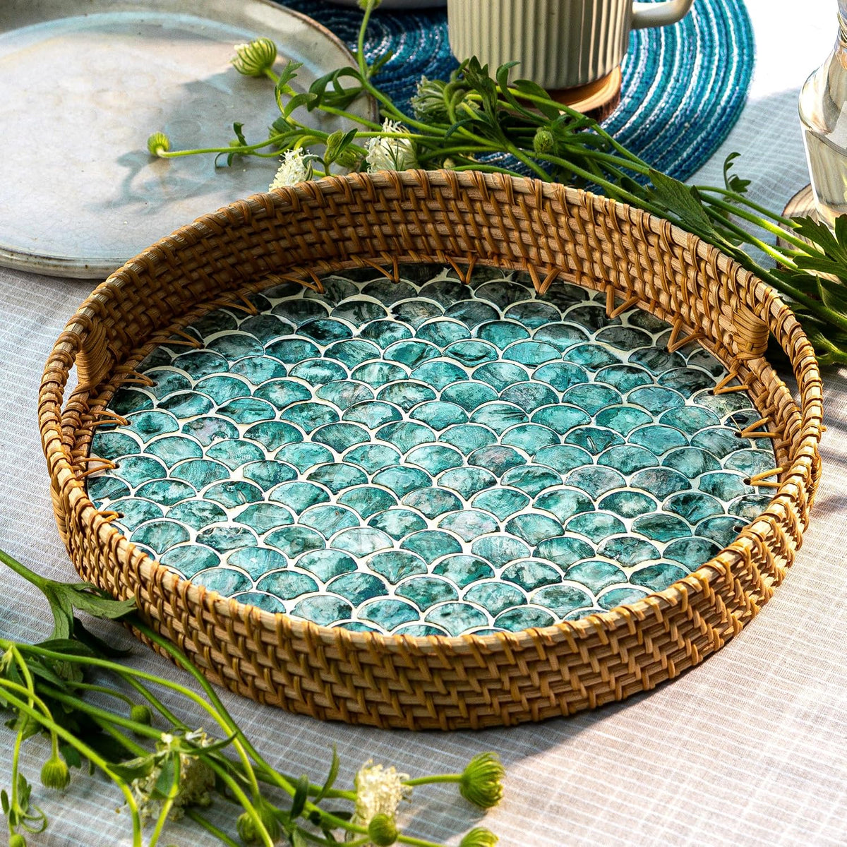 JUNGLE CULTURE Round Rattan Tray with Mother of Pearl Inlay • Cascade 14"