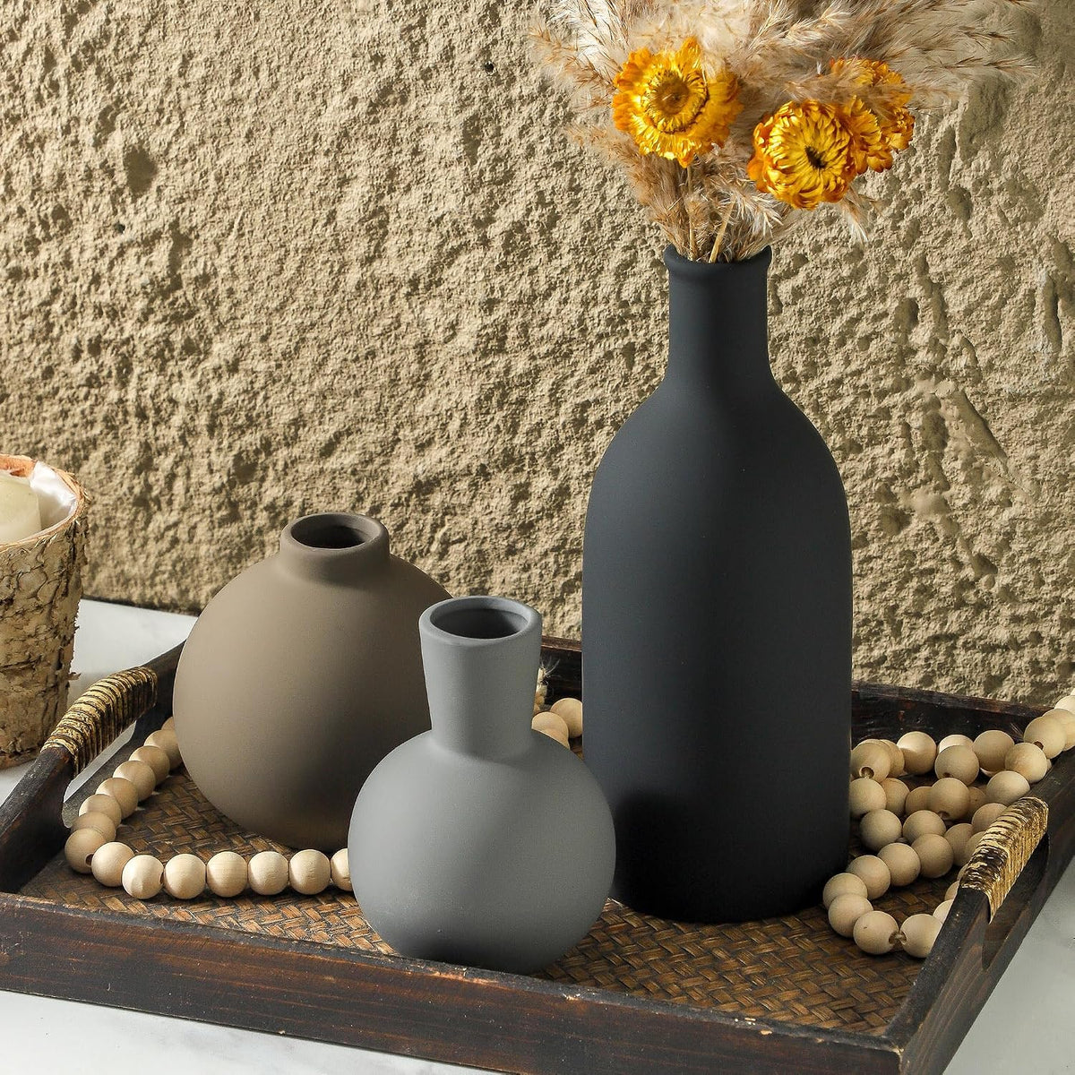 Ceramic Vase Set of 3 | Neutral Vases Home Decor | Modern Flower Pottery Vases Rustic Farmhouse Vase for Table Entryway Mantel Centerpiece Bookshelf Living Room Bathroom Bedroom -Multicolor Large