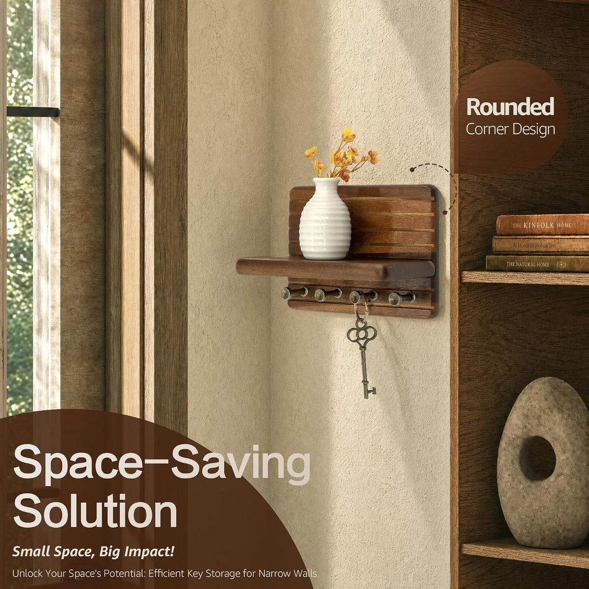 Rebee Vision Acacia Wood Key Holder Wall Mount with Shelf, Key Hooks, Brown