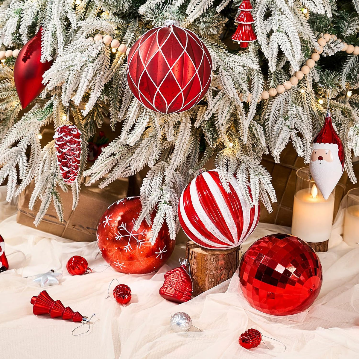JORNOY Christmas Balls Ornaments Set, 6 inch/150mm Extra Large Shatterproof Plastic Hanging Bulbs for Xmas Tree Decorations Holiday Party with String, 4 Pack-Red&White