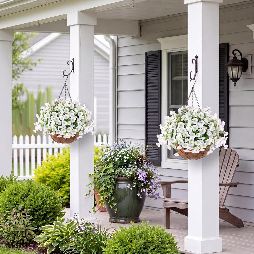 Sggvecsy Artificial Flowers for Outdoors with Baskets Hanging Plant Faux Flowers UV Resistant Fake Silk Morning Glory with Eucalyptus for Planter Porch Garden Home Spring Summer Decoration(White)