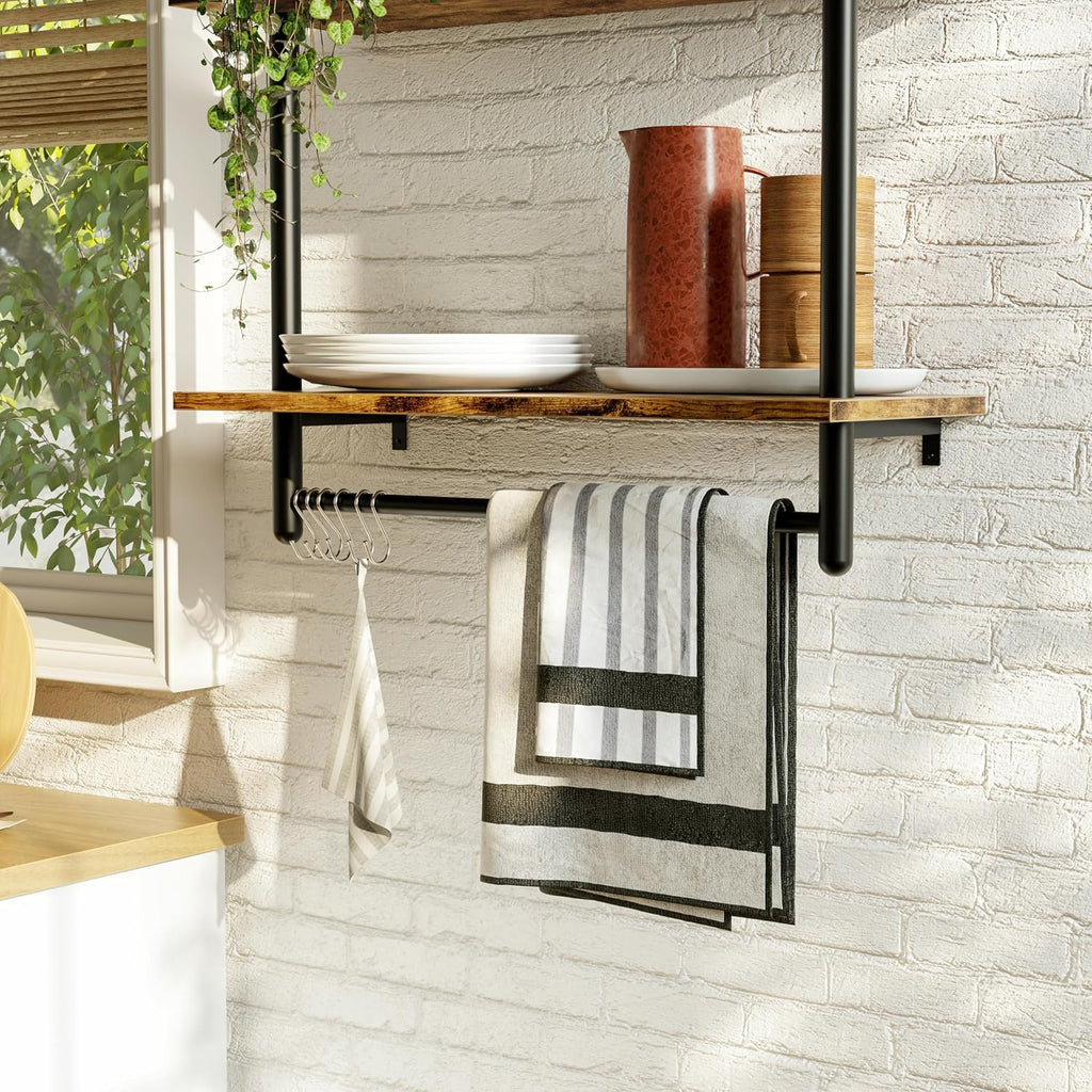 Bestier 24 Inch 3 Tier Industrial Pipe Shelves with Towel Bar, Rustic Brown