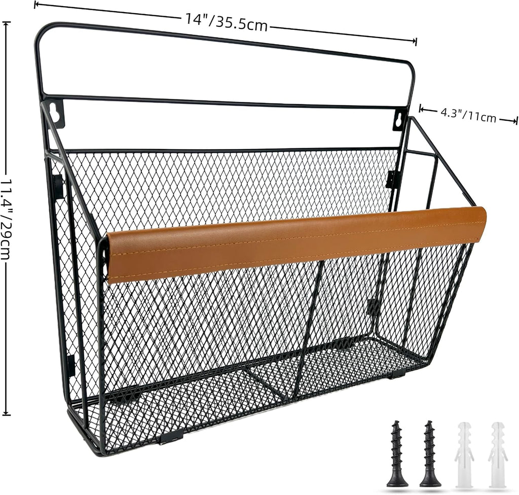 Wall Mounted Magazine Rack with Leather Trim, Decorative Art Wall Magazine Holder, Hanging Paper Organizer, Metal Wire Magazine Organizer for Home Office, 2 Packs
