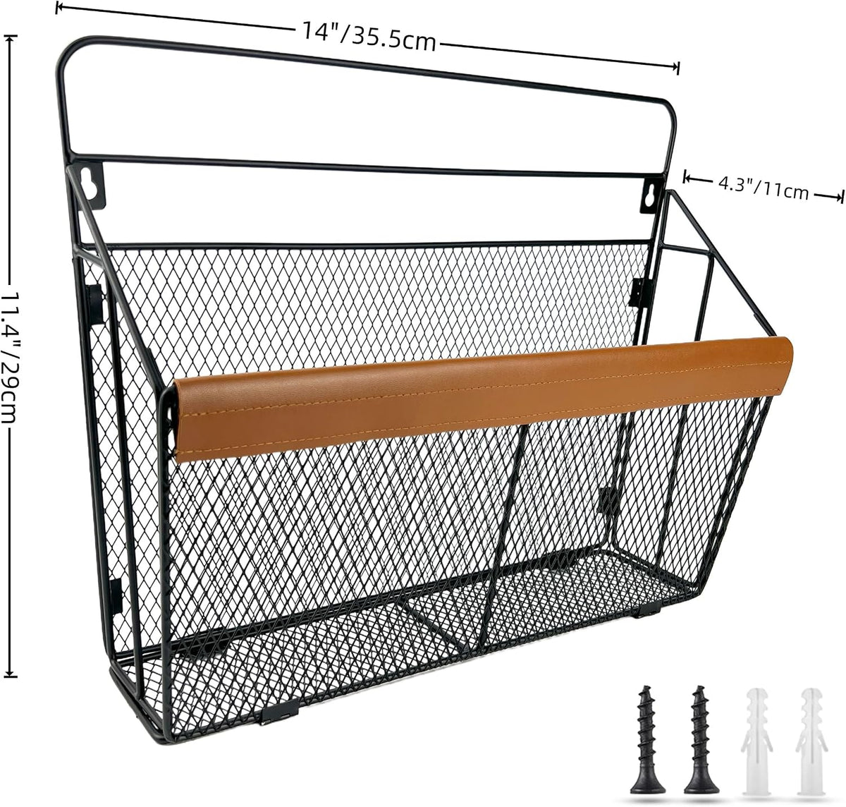 Wall Mounted Magazine Rack with Leather Trim, Decorative Art Wall Magazine Holder, Hanging Paper Organizer, Metal Wire Magazine Organizer for Home Office, 2 Packs