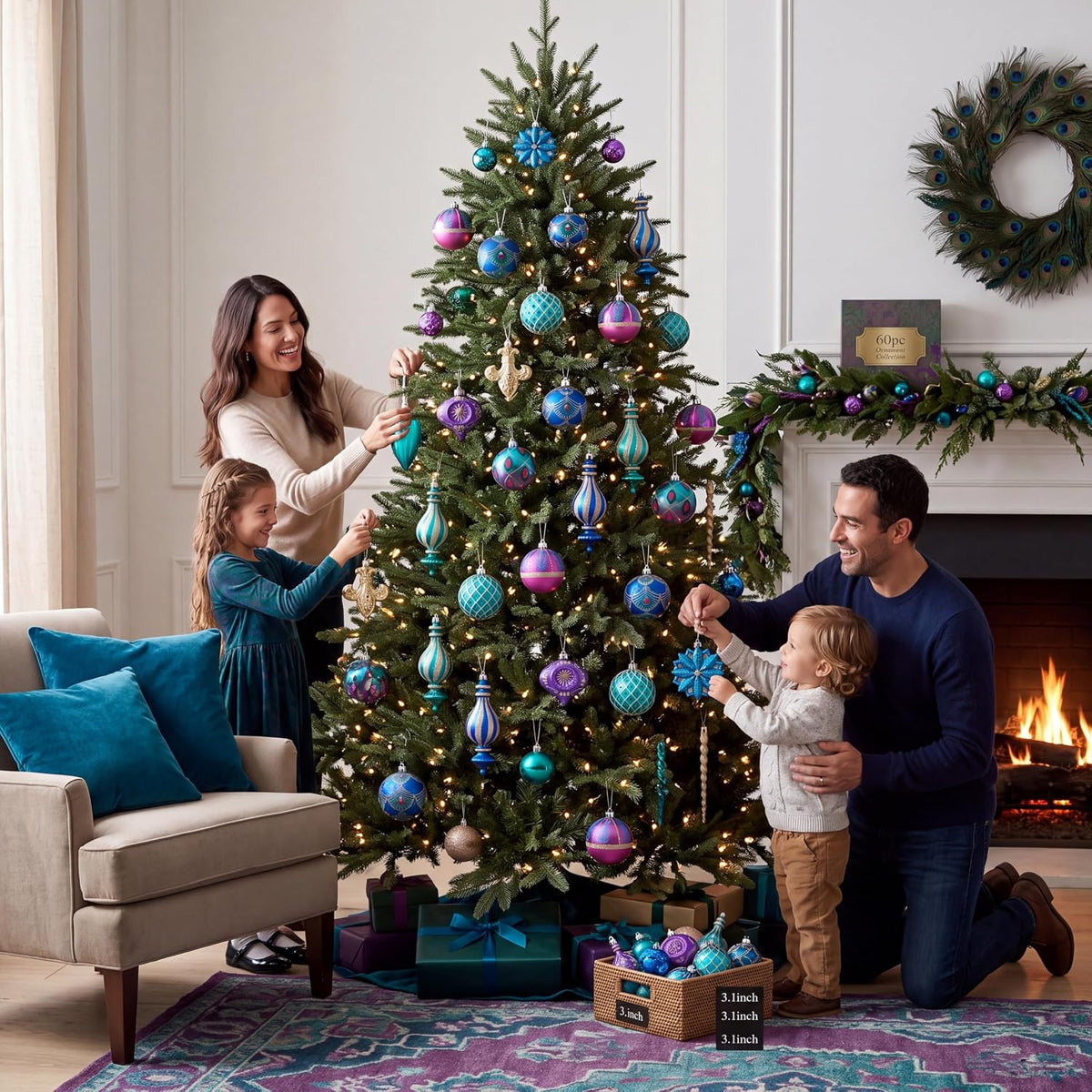 Valery Madelyn Christmas Ball Ornaments, 60ct Peacock Blue Purple Green Shatterproof Christmas Tree Decorations Set, Decorative Hanging Ornaments Bulk for Xmas Holiday Party Decor
