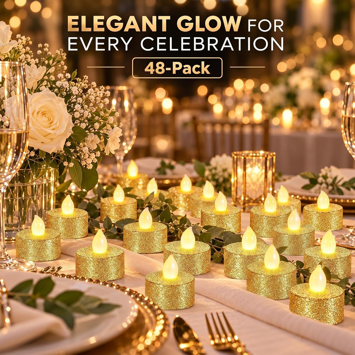 Mudder 48 Pieces Gold Tea Lights LED Candles Tealights Battery Flameless