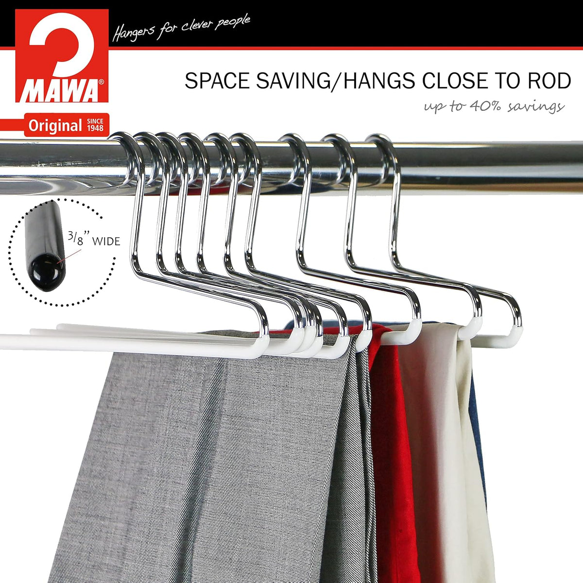 Mawa by Reston Lloyd Trouser Series Non-Slip Space-Saving Clothes Hanger with Single Rod for Pants, Style KH/1, Set of 10, White