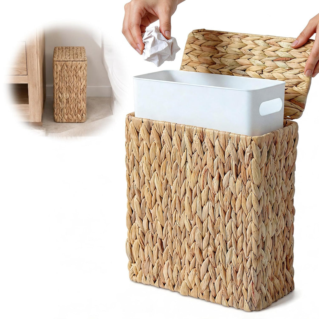 Wicker Trash Can with Lid, 3 Gallon Small Bathroom Trash Can