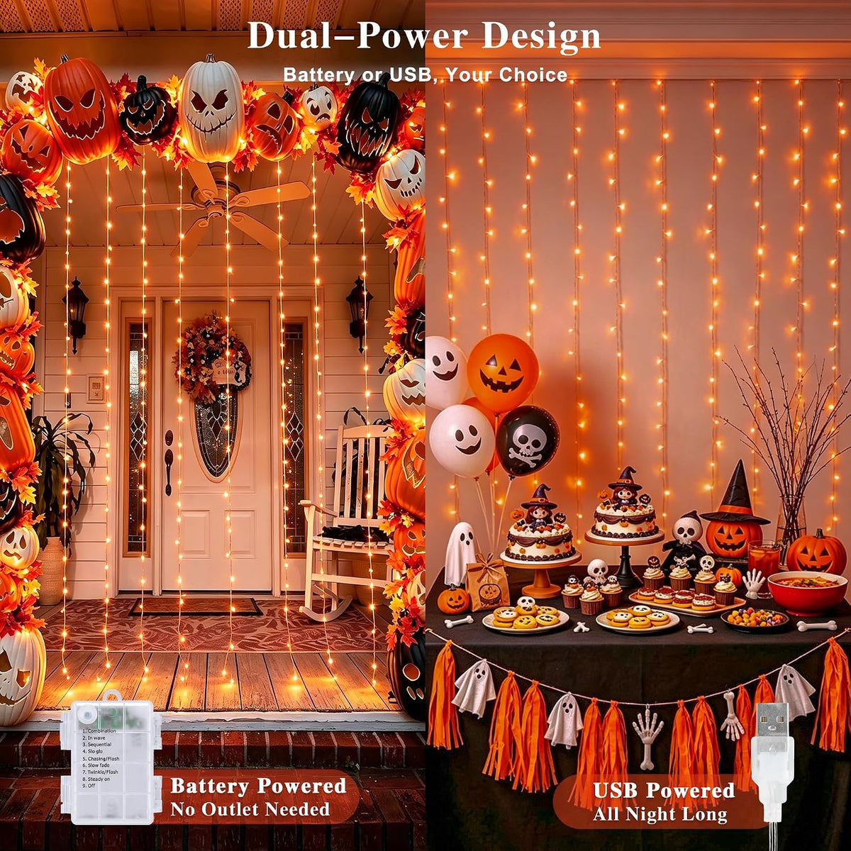 JMEXSUSS 200 LED Orange Halloween Curtain Lights