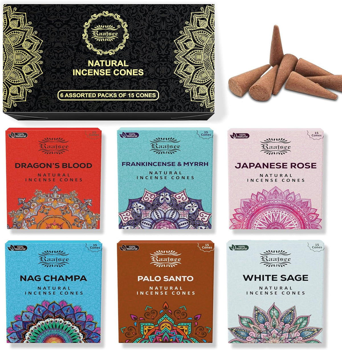 Raajsee Natural Incense Cones,6 Pack Mixed Scents Gift Pack 15 pc Each (90 Total), Insense Cones Variety Pack, 100% Organic Non Toxic Natural - Hand Rolled Free from Chemicals (Pack 2)