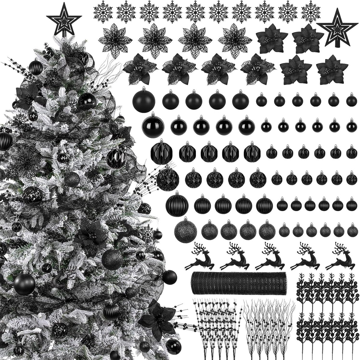 Ouddy Decor 105 Pcs Black Christmas Tree Ball Ornaments Decorations Set
