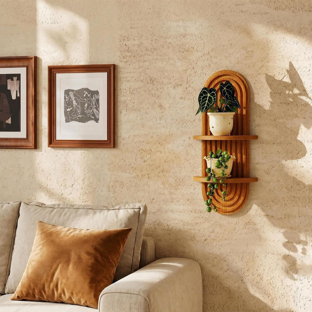 Boho Wall Decor Brown Plant Wall Shelf, 16.9in Walnut Floating Shelves for Wall, 2 Tier Mid Century Modern Decor Hanging Plant Shelf for Home, Bedroom Living Room Office Decoration