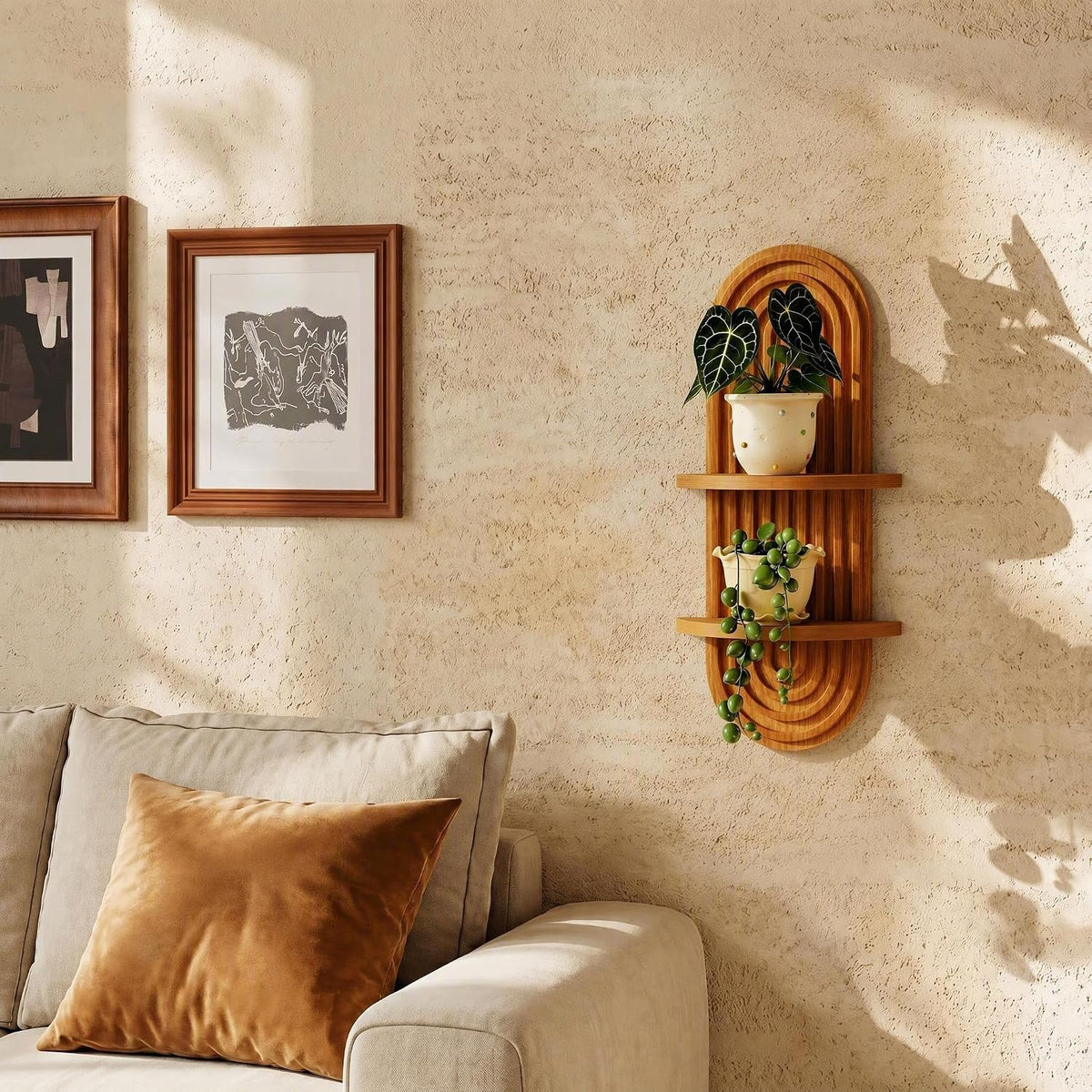 Boho Wall Decor Brown Plant Wall Shelf, 16.9in Walnut Floating Shelves for Wall, 2 Tier Mid Century Modern Decor Hanging Plant Shelf for Home, Bedroom Living Room Office Decoration
