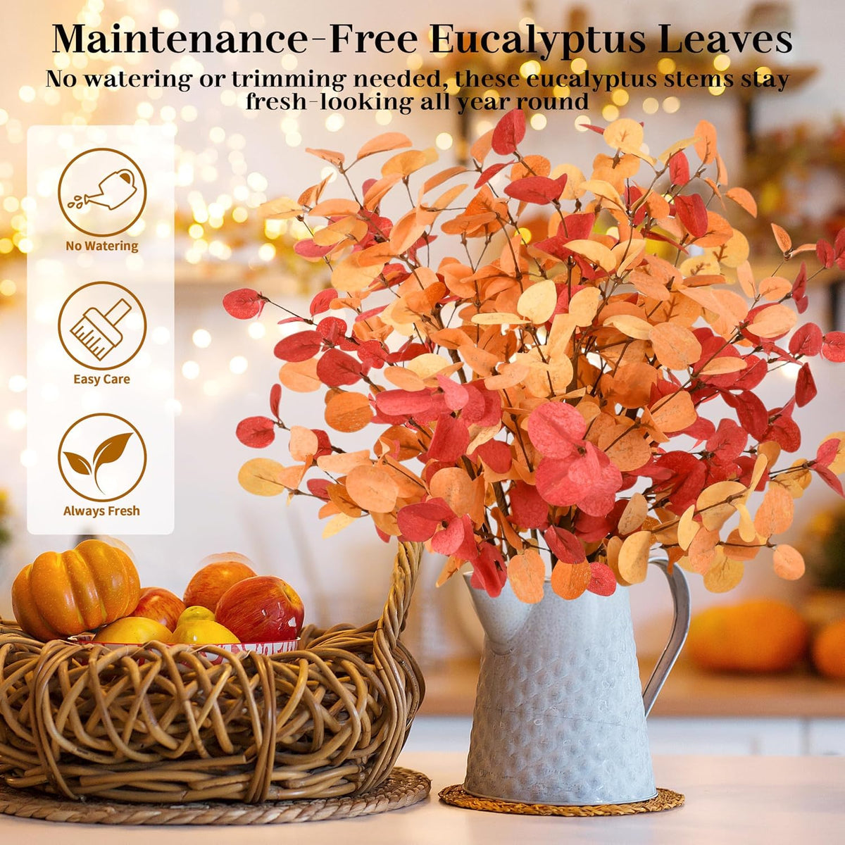 Palonu 6Pcs 24 Inch Artificial Eucalyptus Fall Leaves, Fall Orange Eucalyptus Leaves, Autumn Leaf Branch Faux Fall Decorations for Home Floral Arrangement Autumn Festival Thanksgiving Decor
