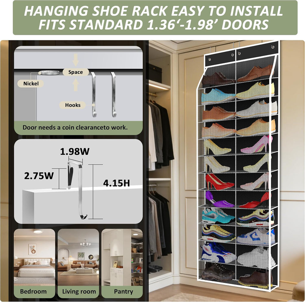 Kotkn 24-Pair Over Door Shoe Organizer for Family & Kids, Double Sided | Hanging Storage for Sneakers, Boots, Toys & Room Organization-Obsidian Black